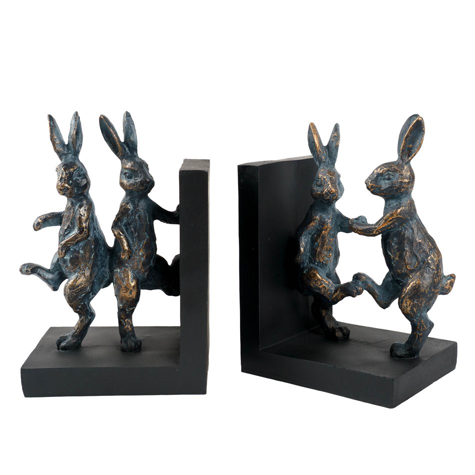 Bookend Dancing Rabbit, black/bronze color, set, H18.5x27x9.5cm