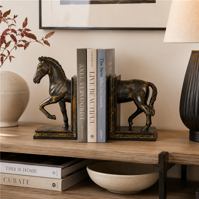 Bookend Horse, brown/gold color, set, H22.5x26x10cm