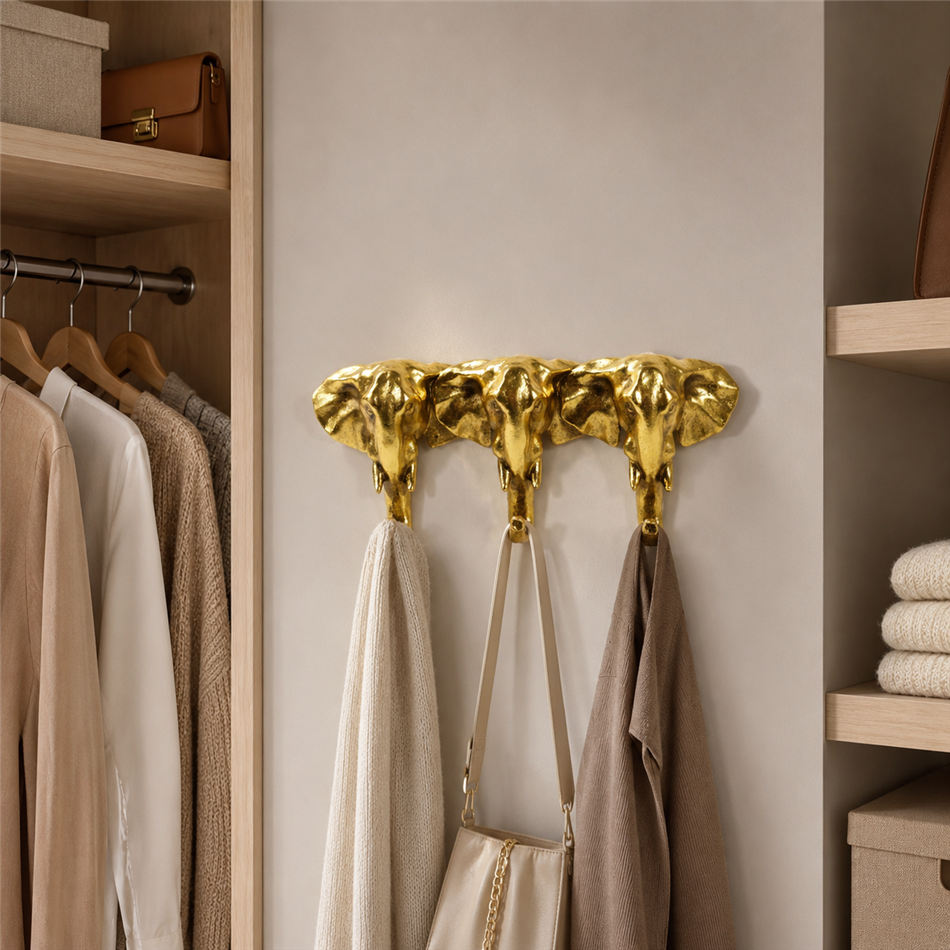 Wall clothes hanger 3 Elephant, gold color, H13x29x5.5cm