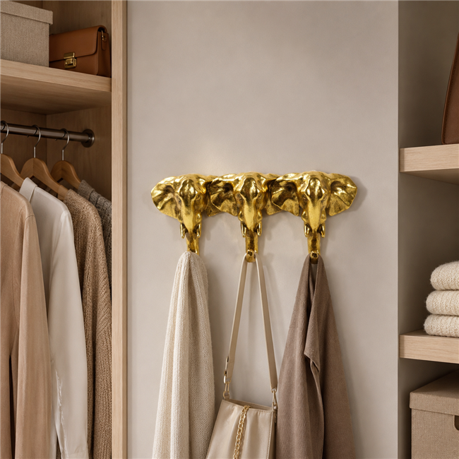 Wall clothes hanger 3 Elephant, gold color, H13x29x5.5cm