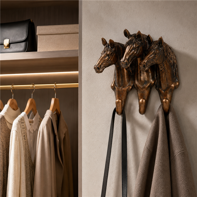 Wall clothes hanger 3 horses, brown, H21x21x19cm