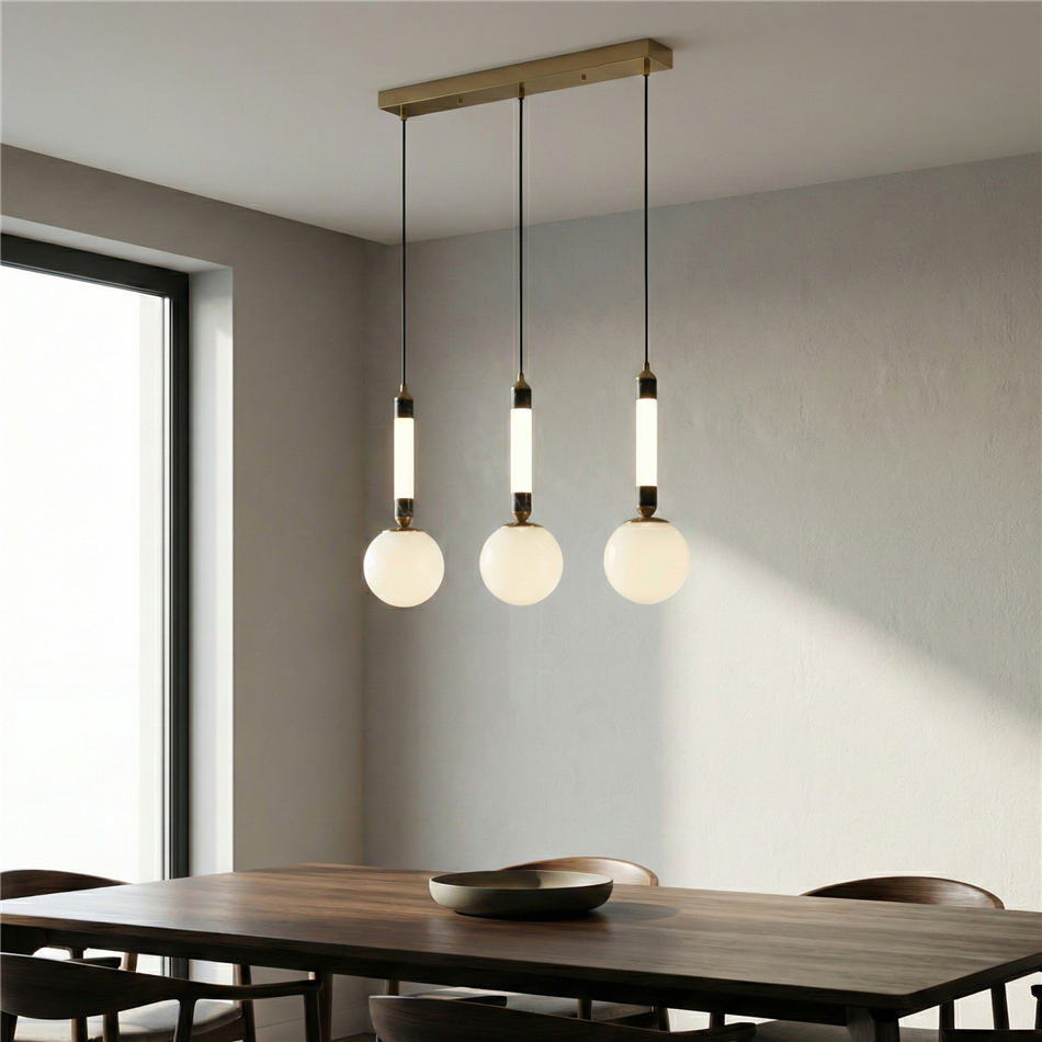 Pendant lamp Mokrin 3A, white/bronze/brass color, H54-140x60x15cm, E27x3, LED 15W, 3000K