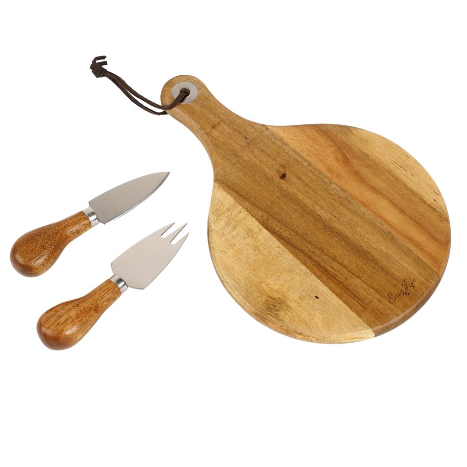 Cheese knife, fork and acacia wood board in gift box, 30x25cm H3cm