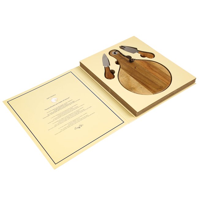 Cheese knife, fork and acacia wood board in gift box, 30x25cm H3cm