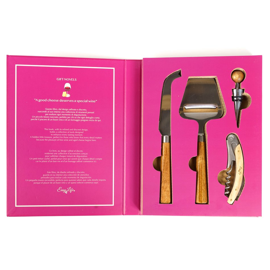 Knife, cheese slicer, bottle opener and cork in gift box, 26.1x19.5cm H3cm