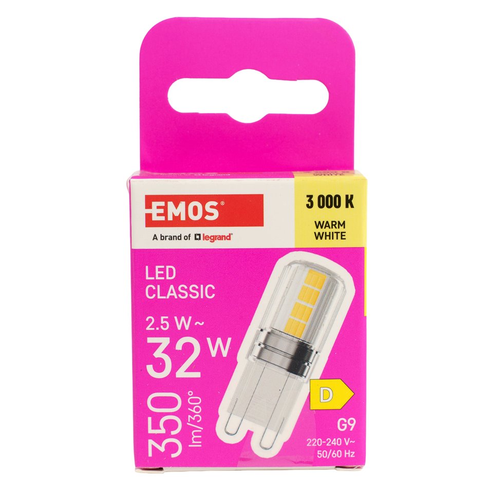 LED Bulb warm white, G9 2.5W, 350lm, 3000K, H4.3x1.4x1.4cm