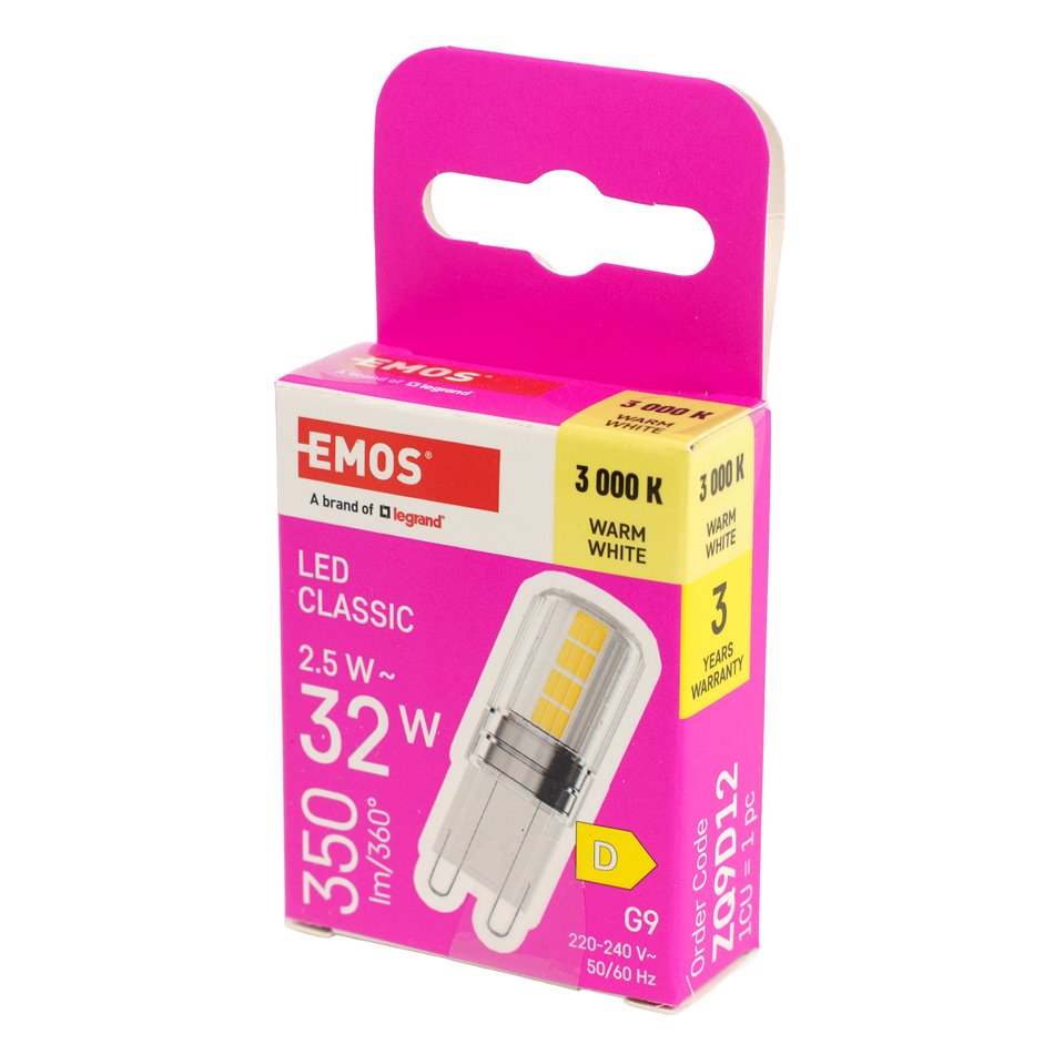LED Bulb warm white, G9 2.5W, 350lm, 3000K, H4.3x1.4x1.4cm