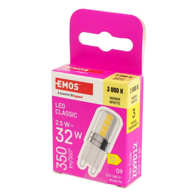 LED Bulb warm white, G9 2.5W, 350lm, 3000K, H4.3x1.4x1.4cm