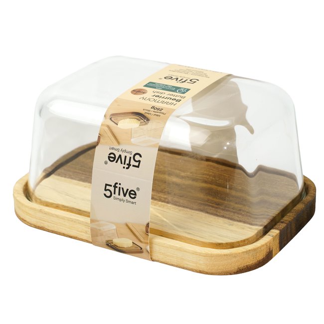 Butter dish with glass lid and acacia wood tray Harmony, H8.4x17.7x12.7cm