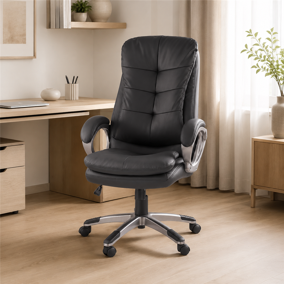 Office chair Heston, black eco leather, W114-124x66cm, H72cm, seat H49-59cm