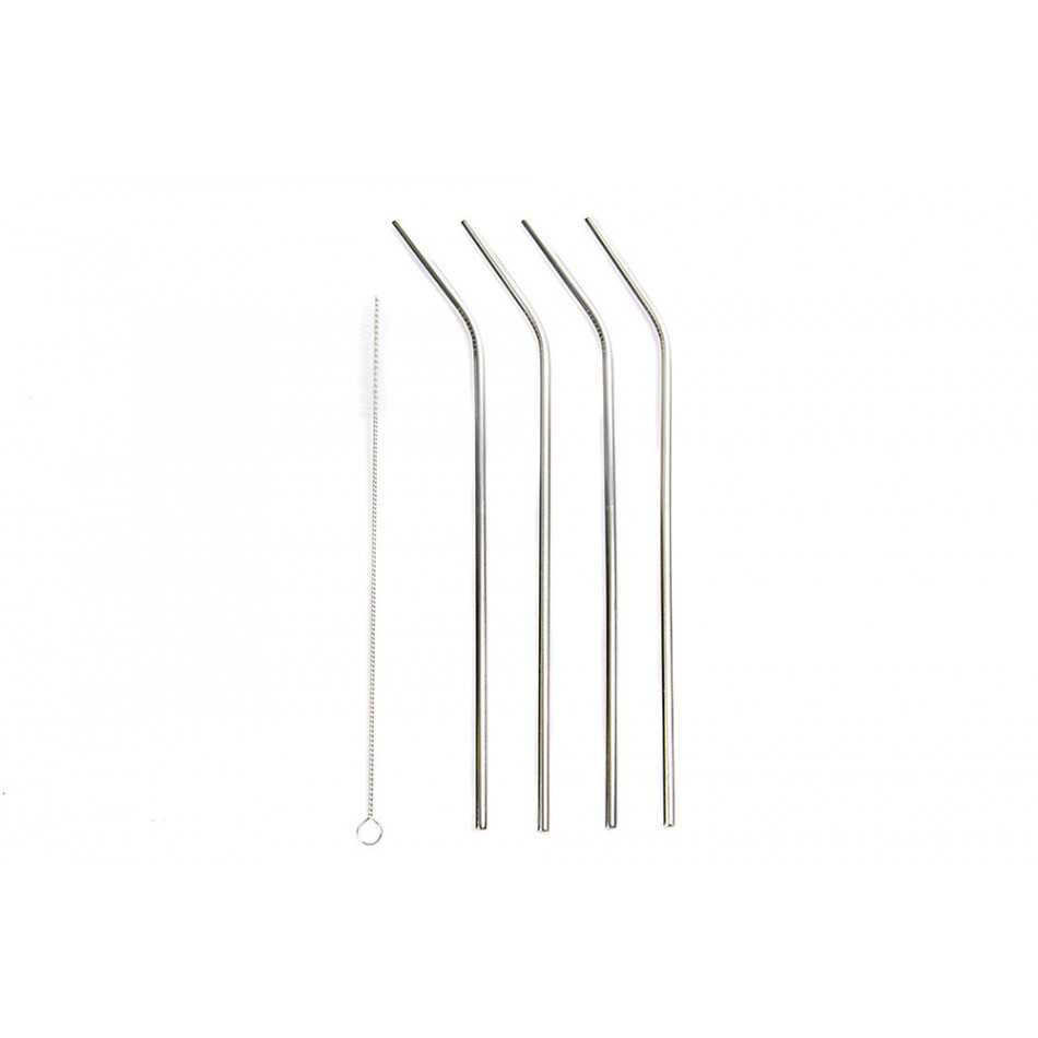 Set of 4 cocktail straws, with brush, silver color