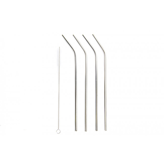Set of 4 cocktail straws, with brush, silver color