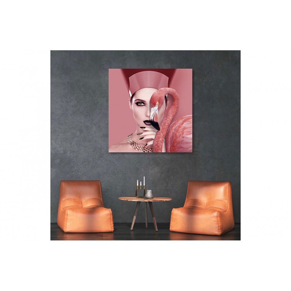 Wall Glass Art Woman and flamingo, 110x110cm