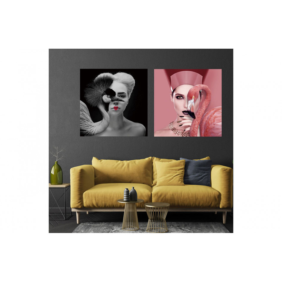 Стеклянная картина Woman and flamingo, 110x110см