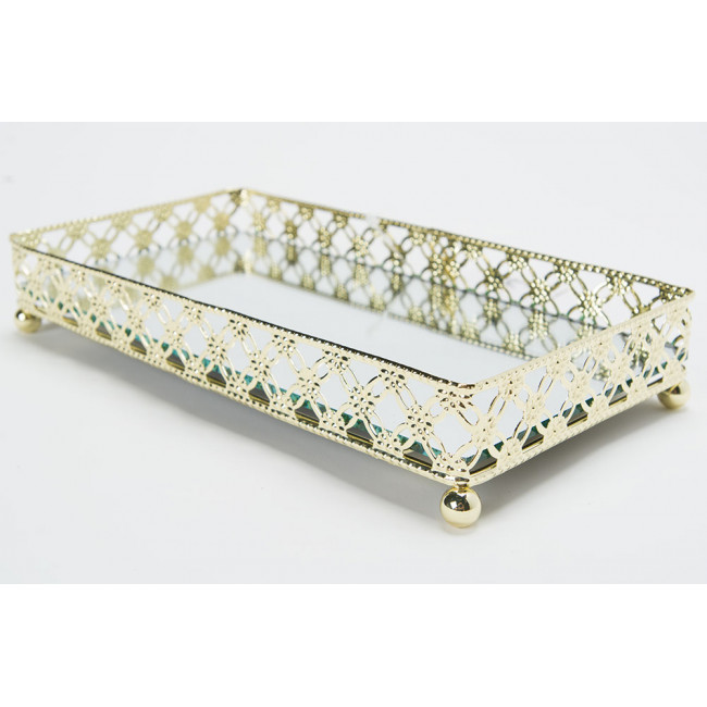 Tray with mirror, metal, gold colour, 20x10x4cm