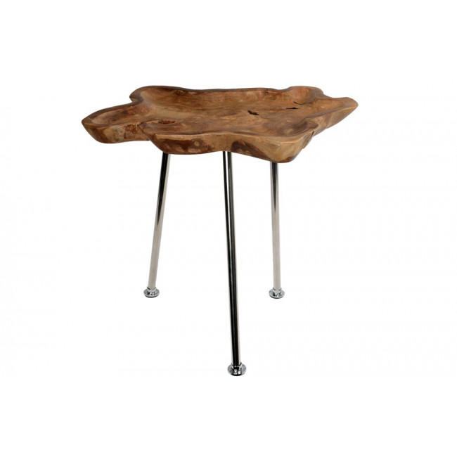 Teak teable with 3 stainless steel table legs, D50cm, W55cm