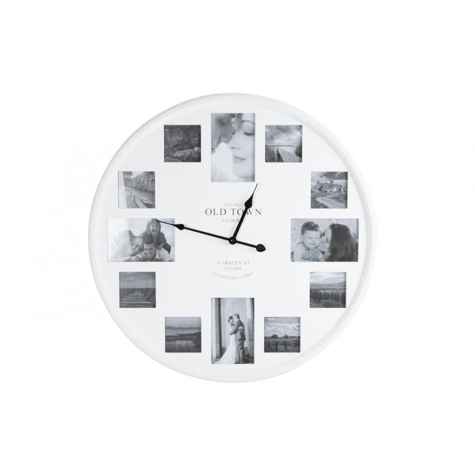 Wall clock, white, for 8 photos 7.5x7.5cm/for 4 photos 9x14cm, D60cm