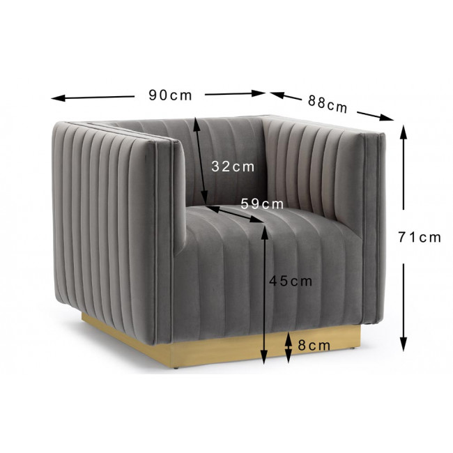 Club chair Hagen, grey, velvet, 90x88x71cm, seat height 45cm