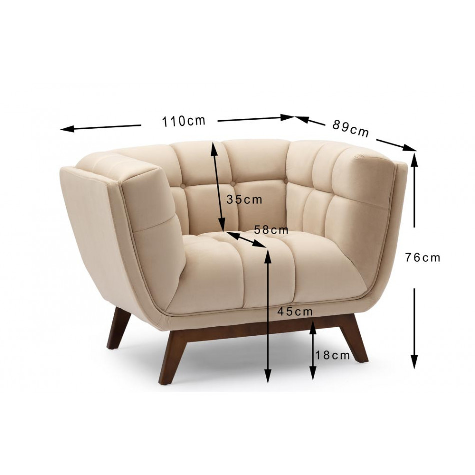 Club chair Haris, beige, wooden legs, velvet, 110x89x76cm, seat height 45cm