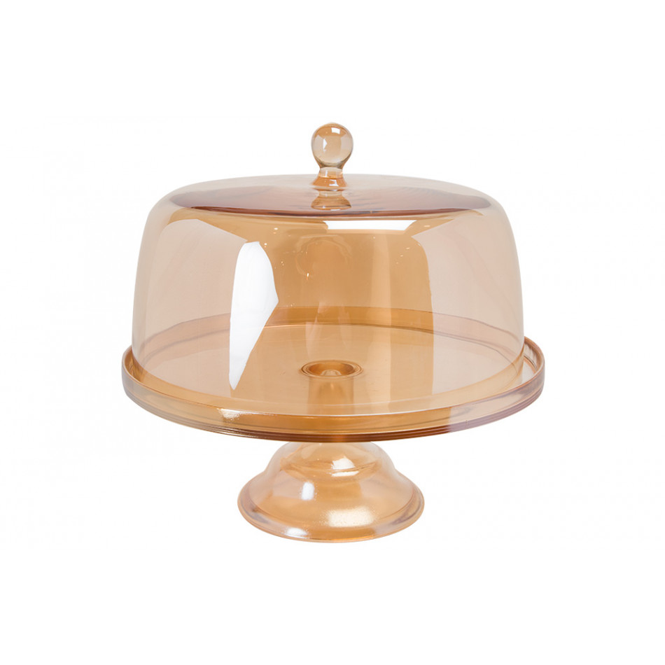 Glass cake stand with lid, amber, D35x29cm
