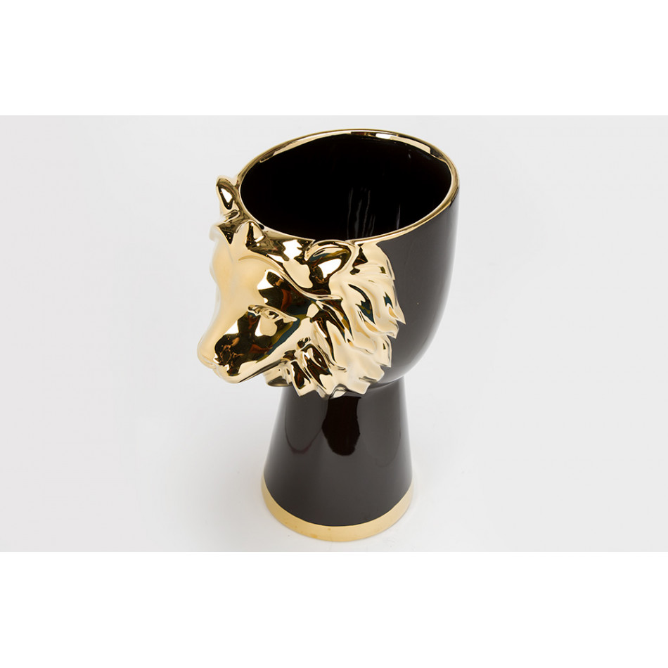 Vase Leon head, ceramic, black/golden, 26x18x35cm