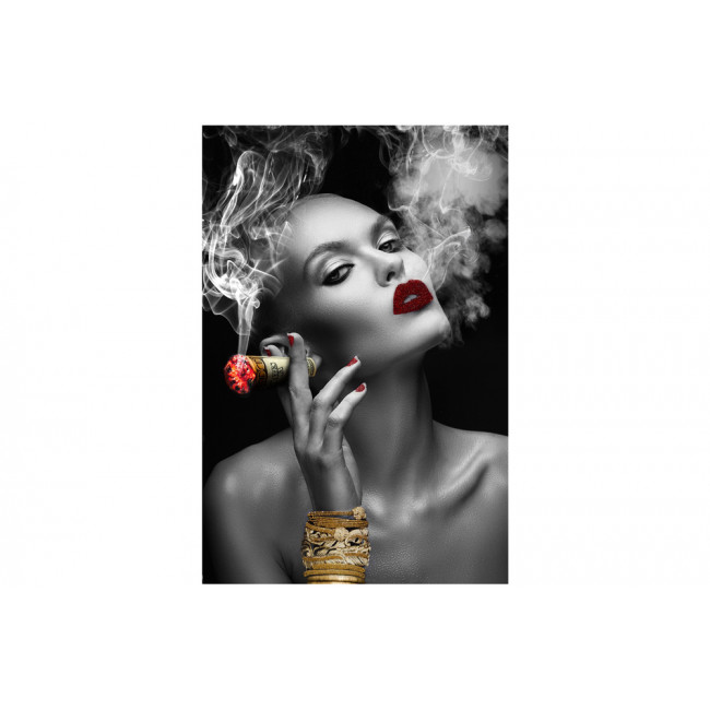 Glass picture Smoking beauty with red lips, 80x120cm