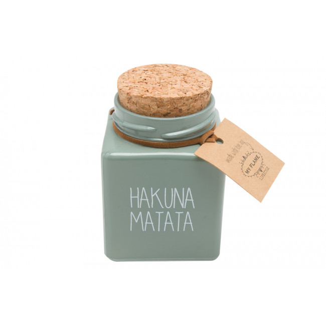 Scented soy candle in glass jar Hakuna Mat, green/grey,35h  