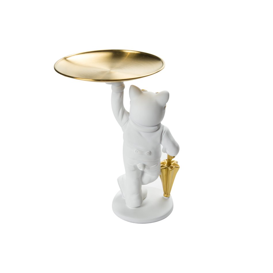 Decorative figure Cat with tray, white/golden, 20x17x27cm