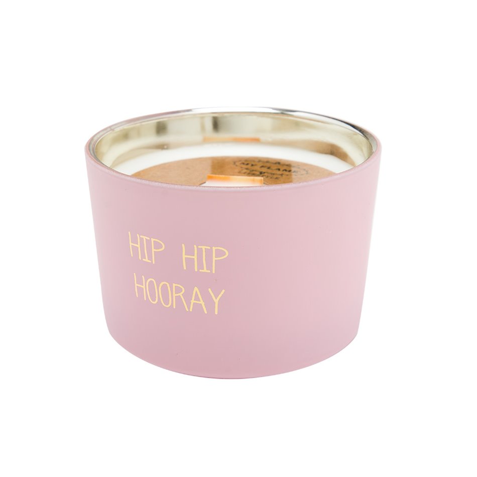 Scented soy candle in glass jar Hip hip hooray, pink, 25 h, D7.5x5cm