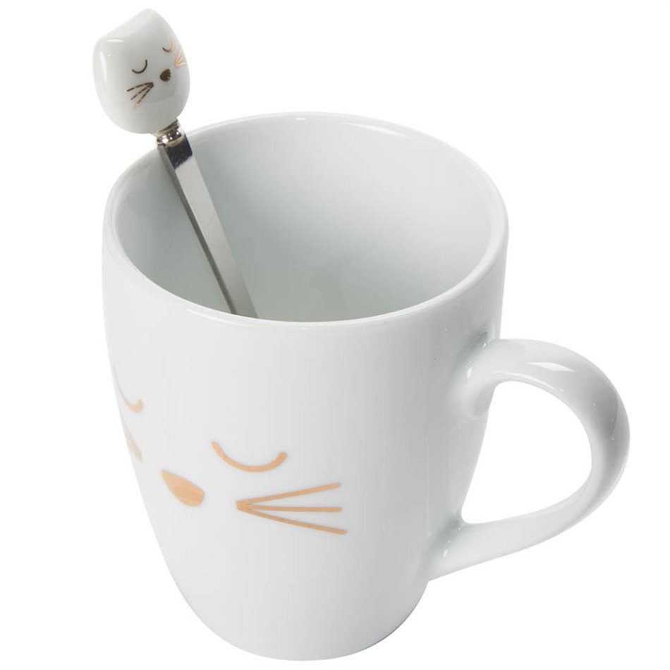 Mug Cat with spoon, white, 10x11.5x8.2cm