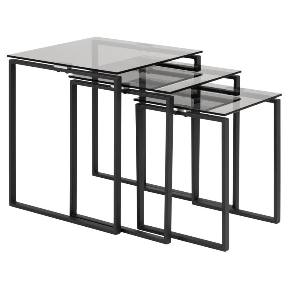 Nest table set Akatri, black, glass top, H55cm, D50cm
