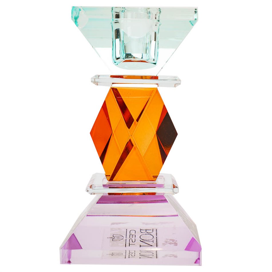 Crystal candleholder, violet/amber/mint, H11x5.8x5.8cm