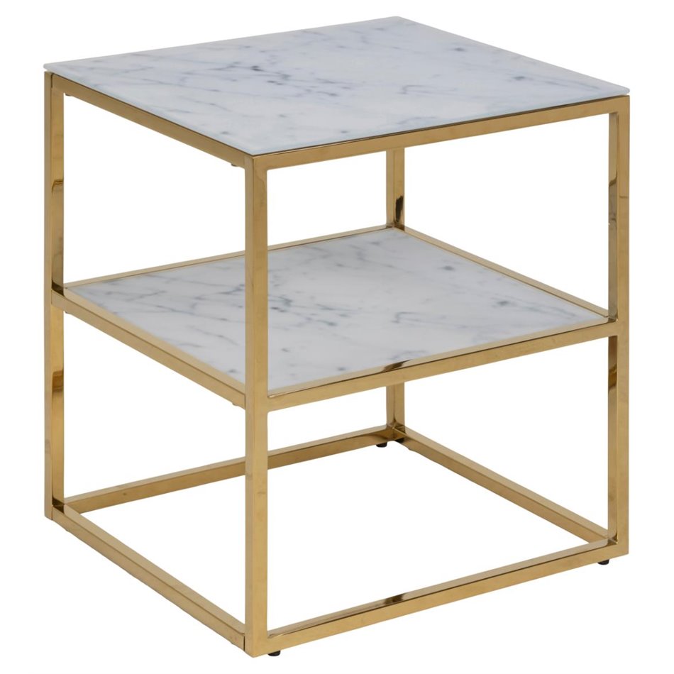 Bedside table Alis, top glass, white marble look/gold legs,  H50.5x45x40cm