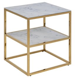 Bedside table Alis, top glass, white marble look/gold legs,  H50.5x45x40cm