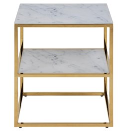 Bedside table Alis, top glass, white marble look/gold legs,  H50.5x45x40cm