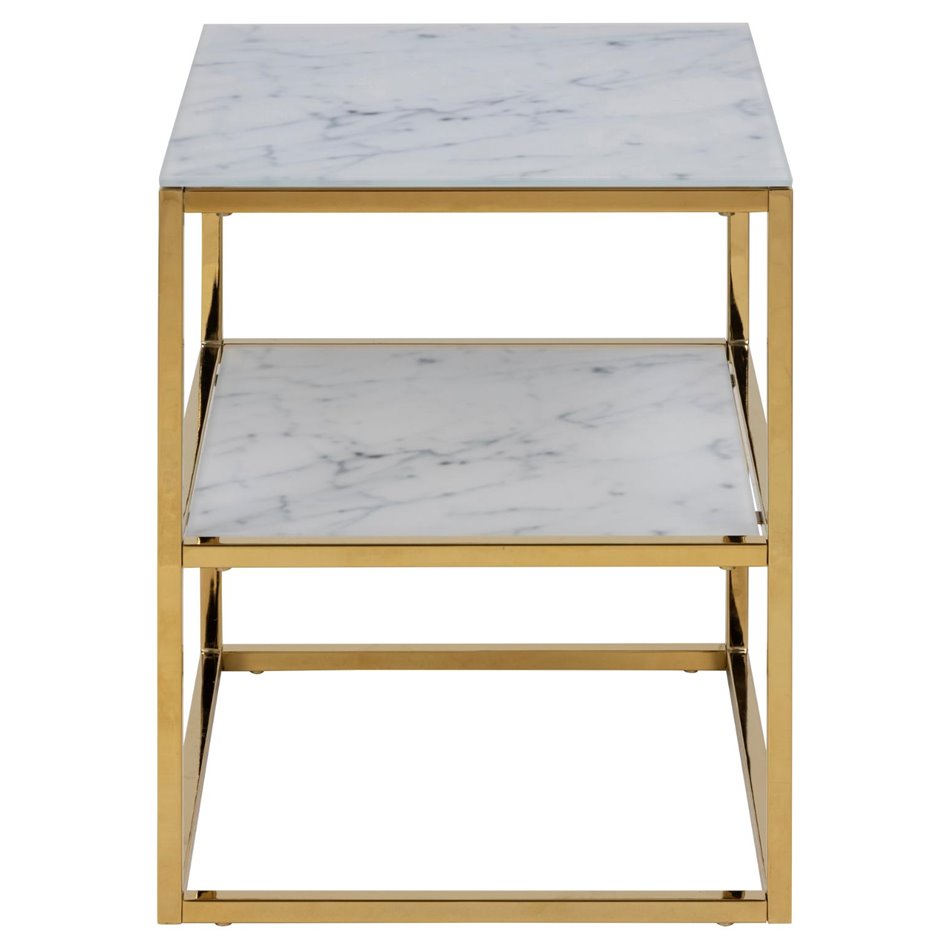 Bedside table Alis, top glass, white marble look/gold legs,  H50.5x45x40cm