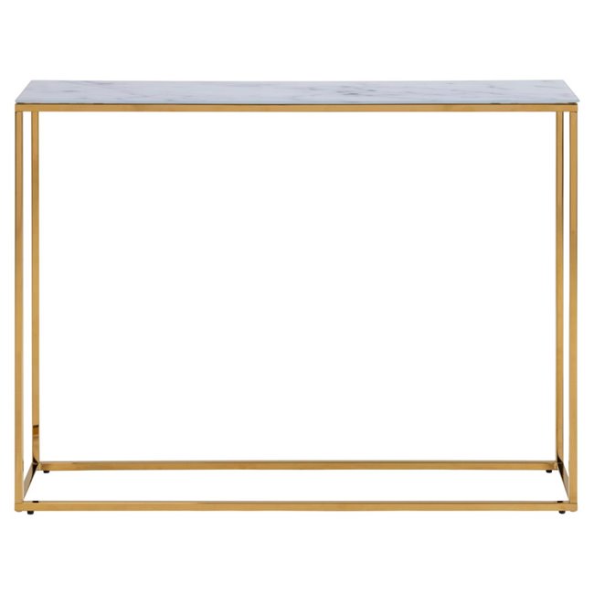 Console table Alis,top glass, white marble look/gold legs, H80.5x110x26cm