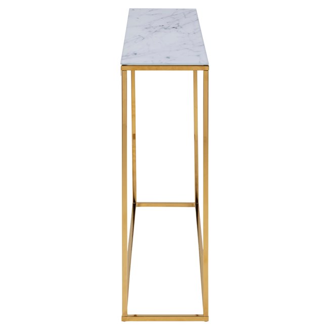 Console table Alis,top glass, white marble look/gold legs, H80.5x110x26cm