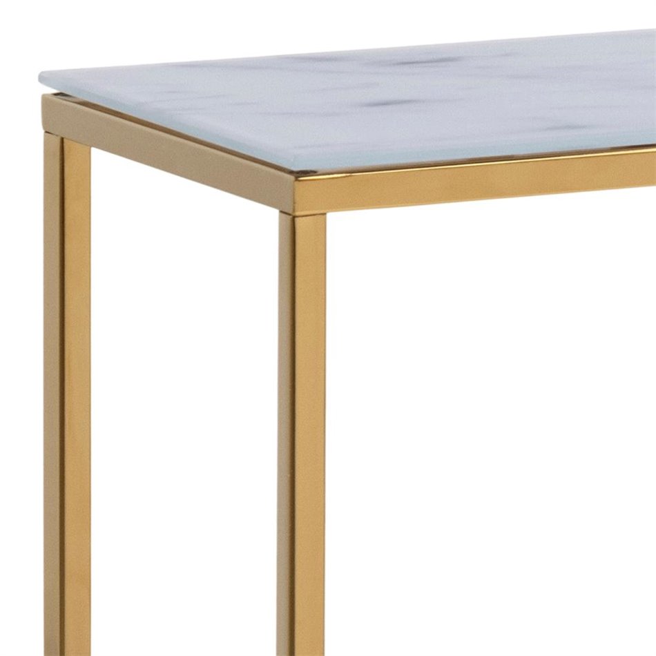 Console table Alis,top glass, white marble look/gold legs, H80.5x110x26cm