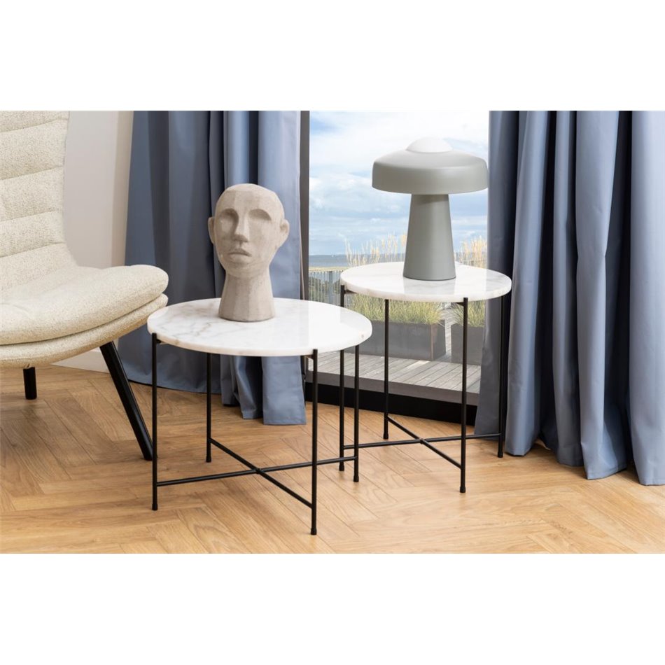 Side table Avila, white, artificial marble/black legs H45xD42cm