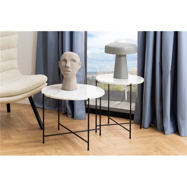 Side table Avila, white, artificial marble/black legs H45xD42cm