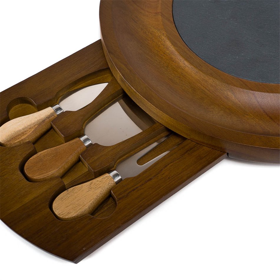 Acacia wood cheese board, with knives, D32x3.6cm