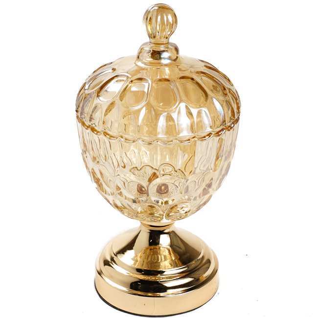 Jar with lid, amber glass/metal, D14x26cm