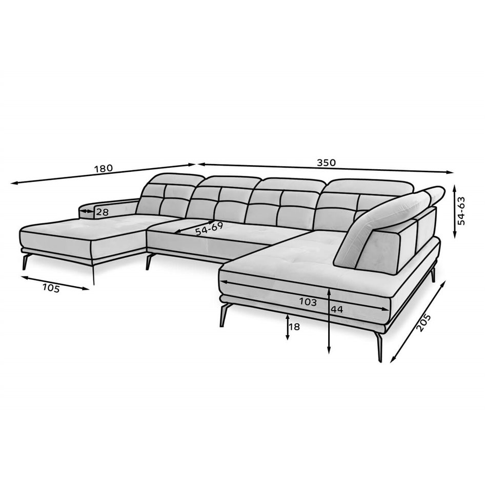 U shape sofa Elretan U Right, Savoi 7, gray, H107x350x205cm