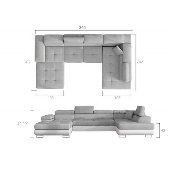 U shape sofa Elcardo U Left, Cover 83, gray, H90x345x58cm