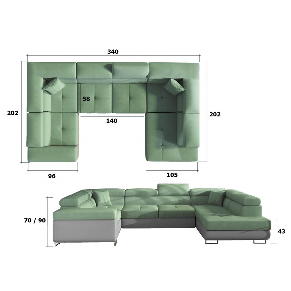 U shape sofa Eletto U Right, Cover 70, green, H90x202x58cm