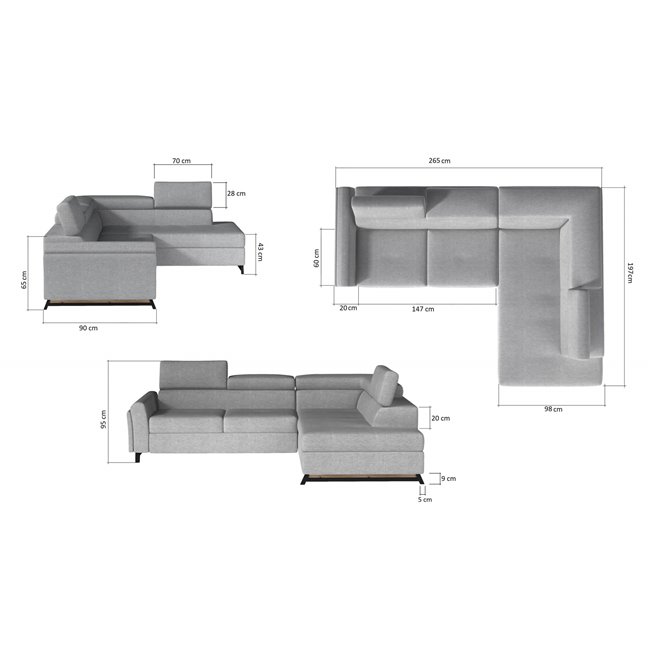 Corner sofa Elkairos L, Inari 96, gray, H95x265x200cm