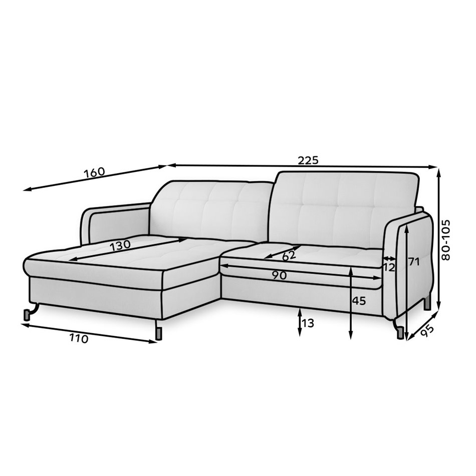 Угловой диван Elorelle L, Omega 13, серый, H105x225x160см