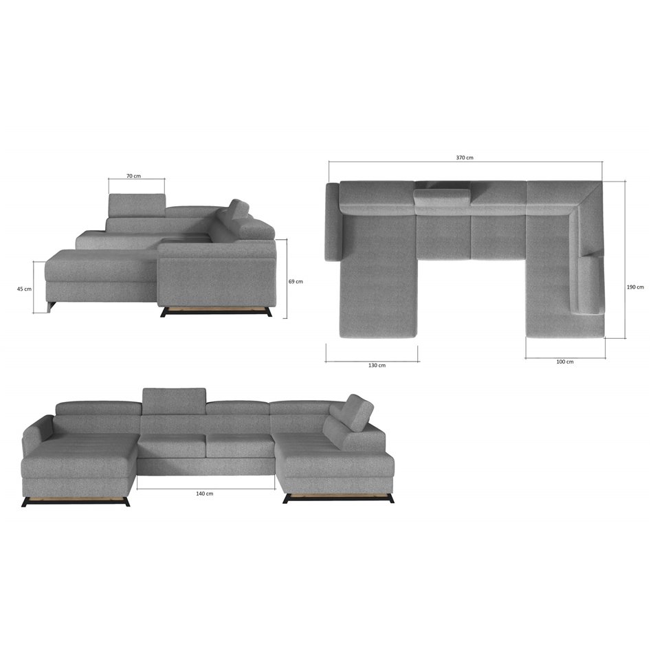 U shape sofa Elosette U Right, Paros 06, gray, H98x370x200cm