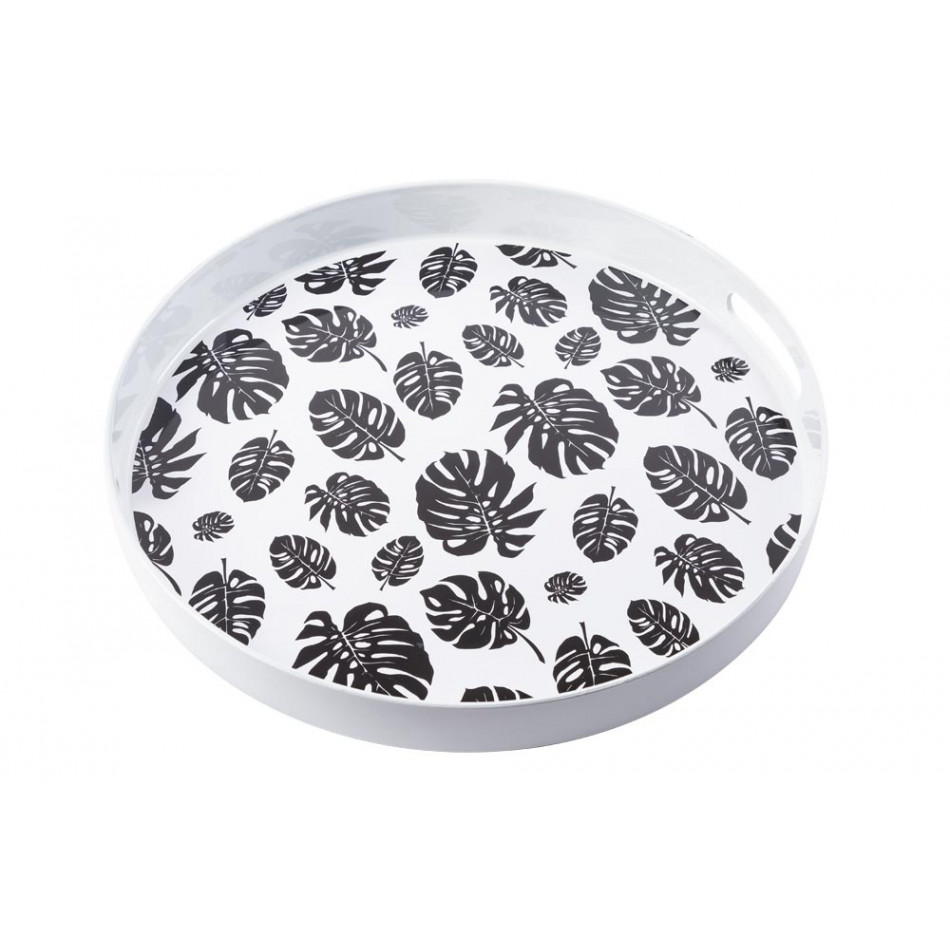 Decorative tray Monstera S, white/black, H-4cm, D-34.5cm
